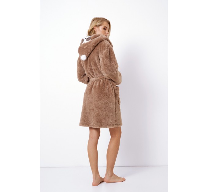 Женский теплый халат коричневый с капюшоном